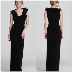Laundry by Shelli Segal black long lean ruffle shoulder square neck formal dress